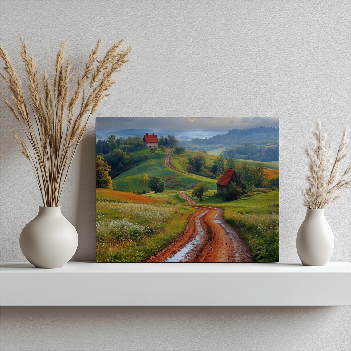 Red Dirt Road Green Rolling Hills Farmhouses Countryside Poster