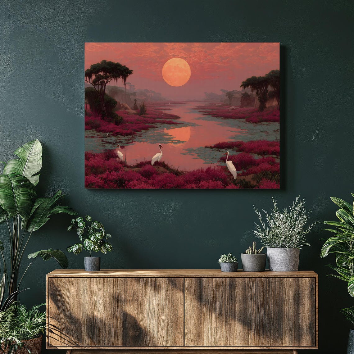 Pink Sunset Marsh White Cranes Wetland Reflection Bird Art Poster