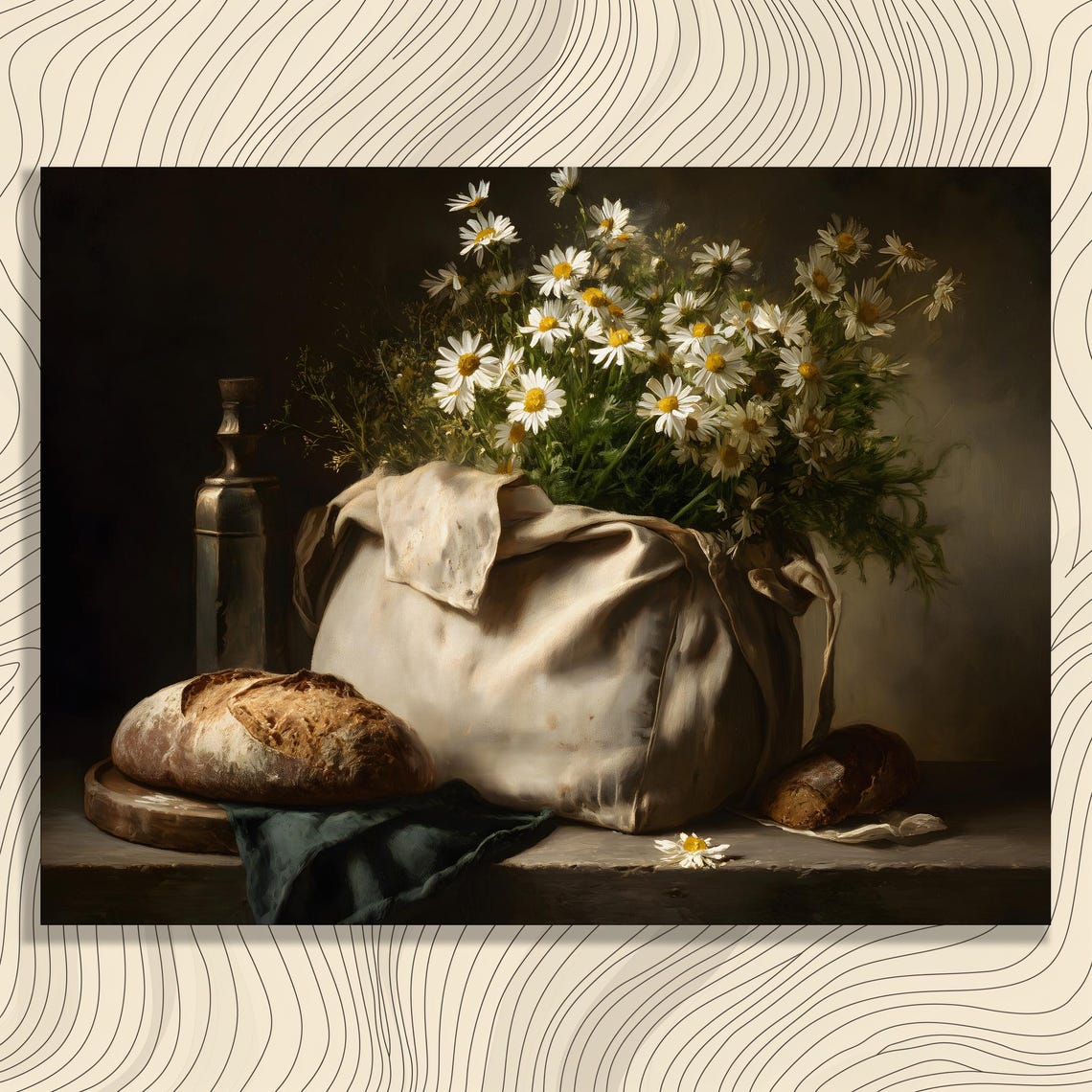 Daisy Bouquet Fresh Bread Rustic Farmhouse Still Life Art Poster