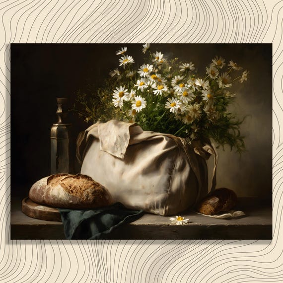 Daisy Still Life Canvas Wall Art Rustic Floral Farmhouse Bouquet With Bread And Glass Bottle Print Botanical Painting Classic Realism