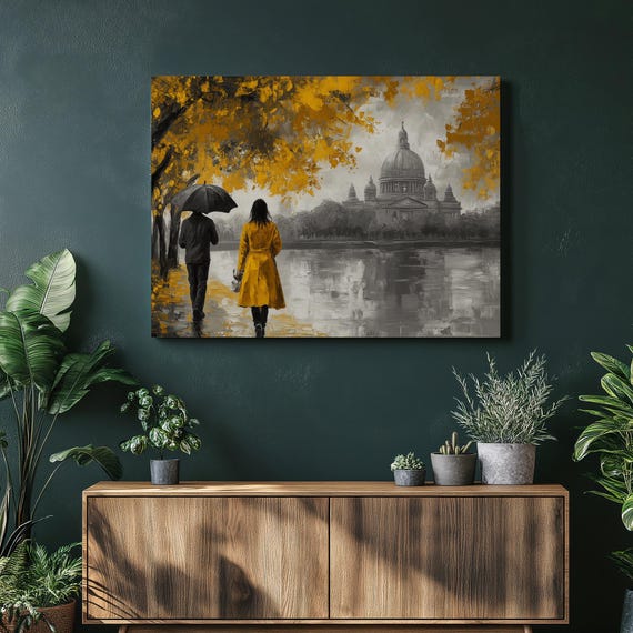 Kolkata Canvas Wall Art Victoria Memorial River Walk Autumn Scene With Golden Trees Rainy Day Yellow Foliage Modern Home Decor