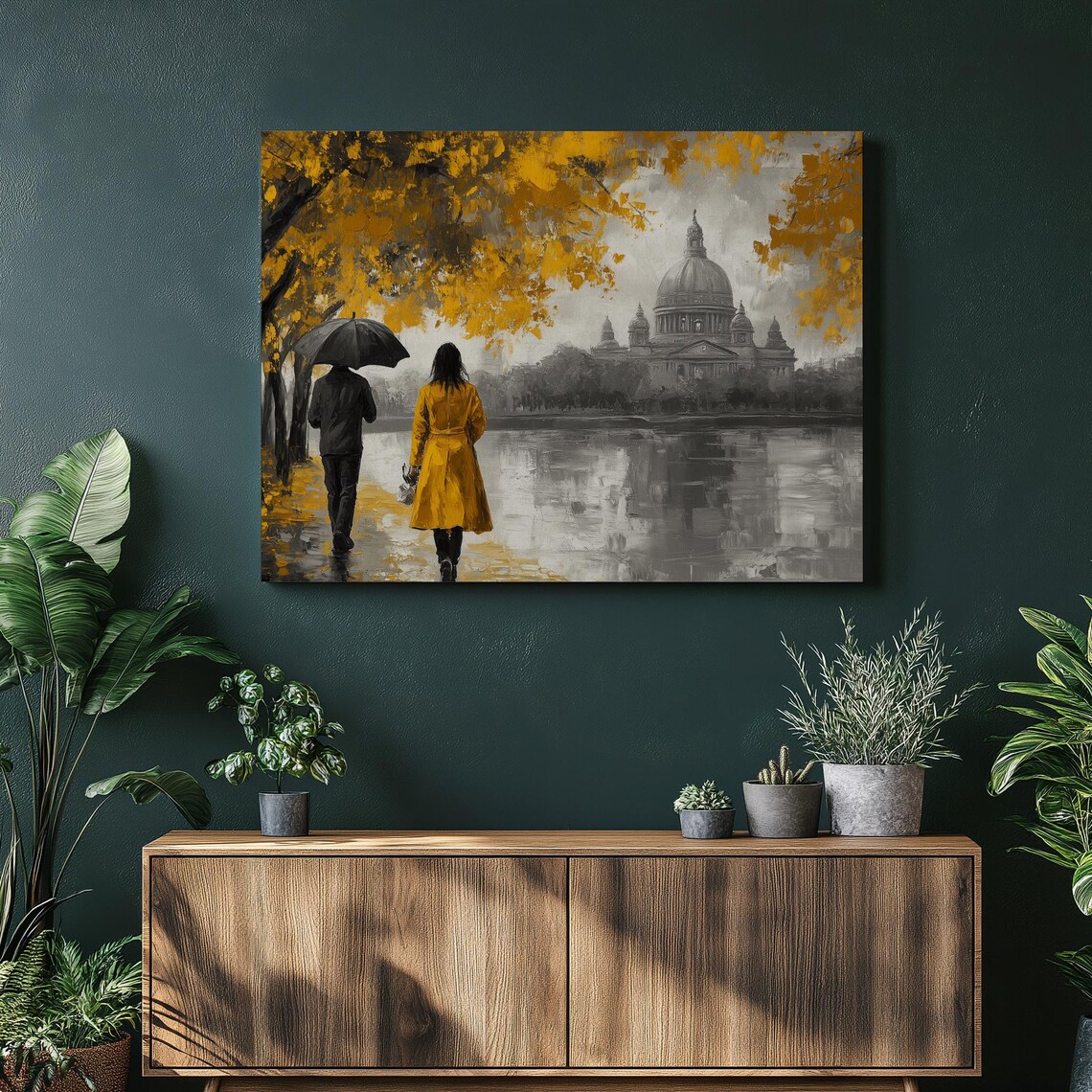 Autumn Rain Walkers Golden Umbrella Domed Cathedral Painting Poster