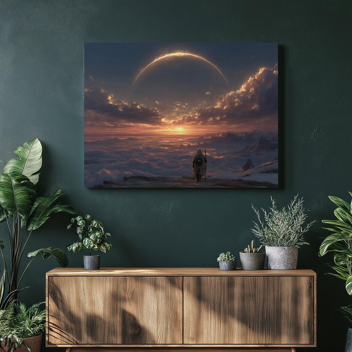 Epic Fantasy Mountain Landscape Sunrise Above Clouds Traveler Poster