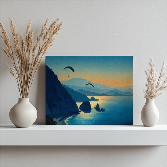 Paragliders Over Coastal Cliffs At Sunset Blue Sea Adventure Art Poster