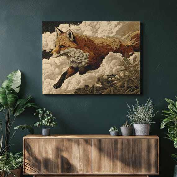Leaping Red Fox Canvas Wall Art Vintage Wildlife Print Rustic Bamboo Forest Clouds Night Sky Illustration Engraving Style Earthy Tones