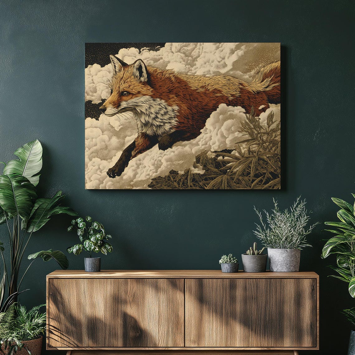 Leaping Red Fox Canvas Wall Art Vintage Wildlife Print Rustic Bamboo Forest Clouds Night Sky Illustration Engraving Style Earthy Tones