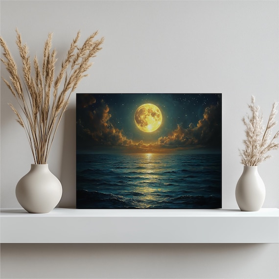 Mystical Full Moon Ocean Canvas Wall Art Serene Starry Night Seascape With Reflecting Moonlight Modern Blue Gold Decor
