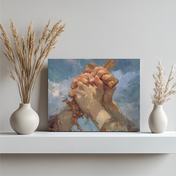 Praying Hands Holding Wooden Cross Faith Oil Painting Art Poster