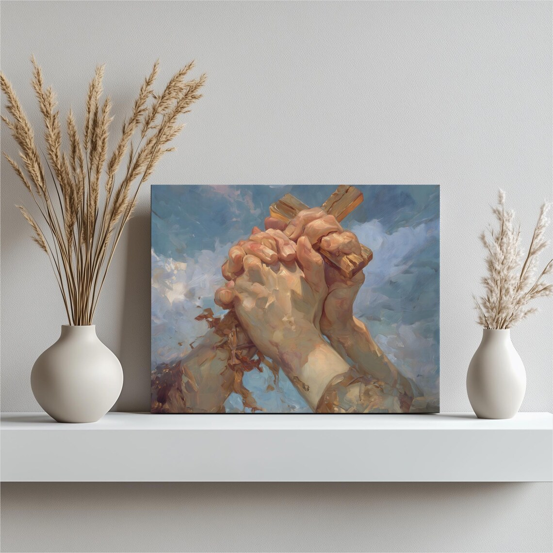 Praying Hands Holding Wooden Cross Faith Oil Painting Art Poster