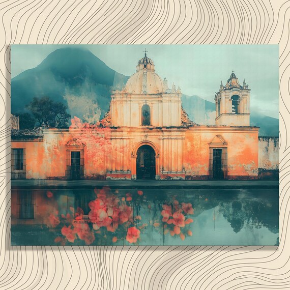 Surreal Church Mountain Canvas Wall Art Floral Print Landscape Blue Orange Abstract Gift For Wanderlust Collectors And Visionary Decor