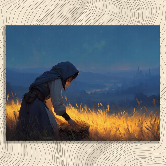 Starry Night Wheat Field Canvas Wall Art Vintage Impressionist Bohemian Harvest Time Decor Glowing Dusk Landscape Painting Peaceful View