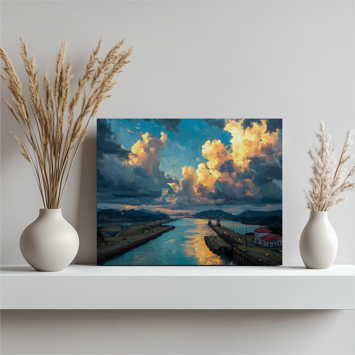 Panama Canal Locks Under Towering Golden Sunset Clouds Poster