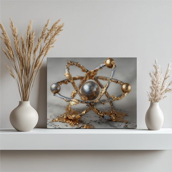 Abstract Atomic Orbit Canvas Wall Art Gold Orbital Rings Bohr Model Science Decor Molecule Futuristic Modern Print Neutral Gray