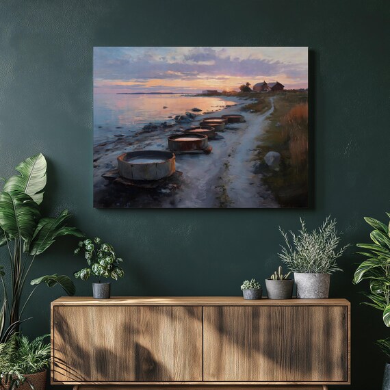 Coastal Sunset Rowboats Quiet Shore Pastel Sea Traditional Poster
