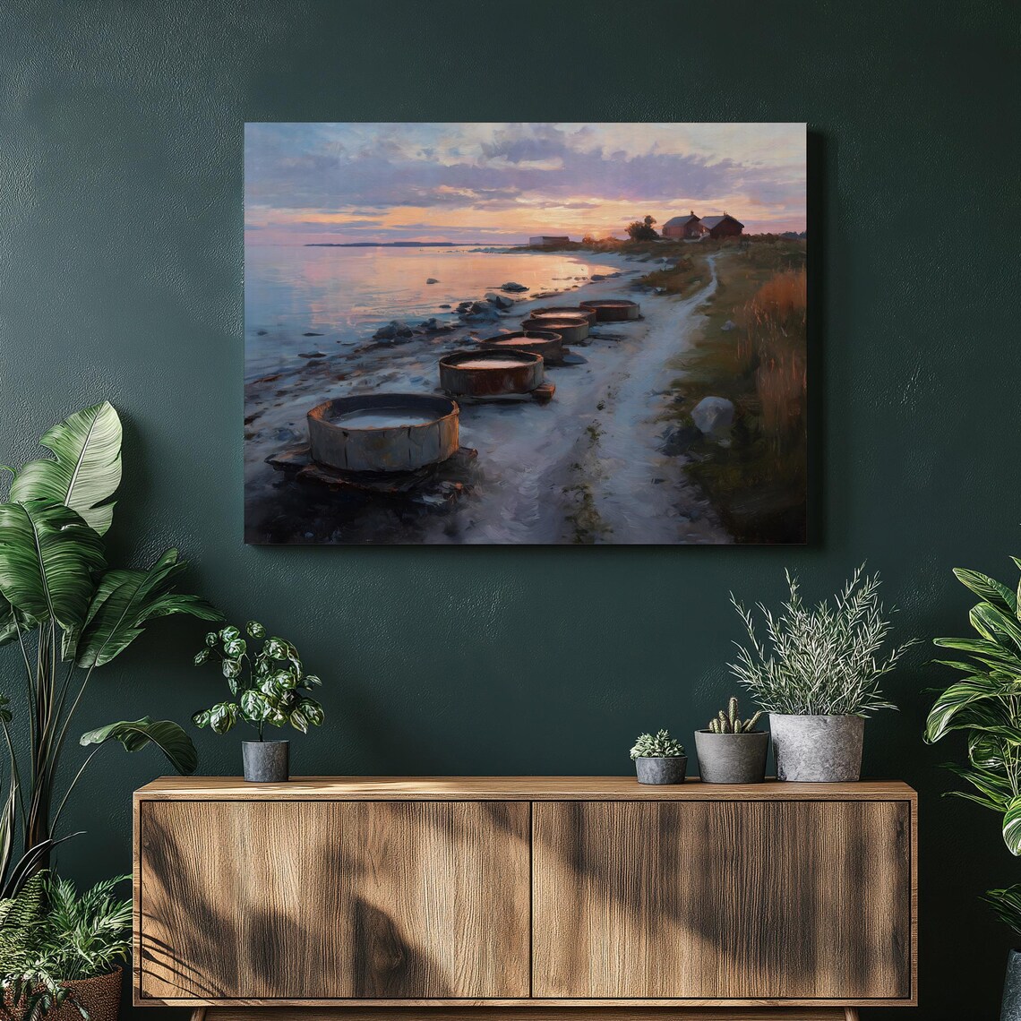 Coastal Sunset Rowboats Quiet Shore Pastel Sea Traditional Poster
