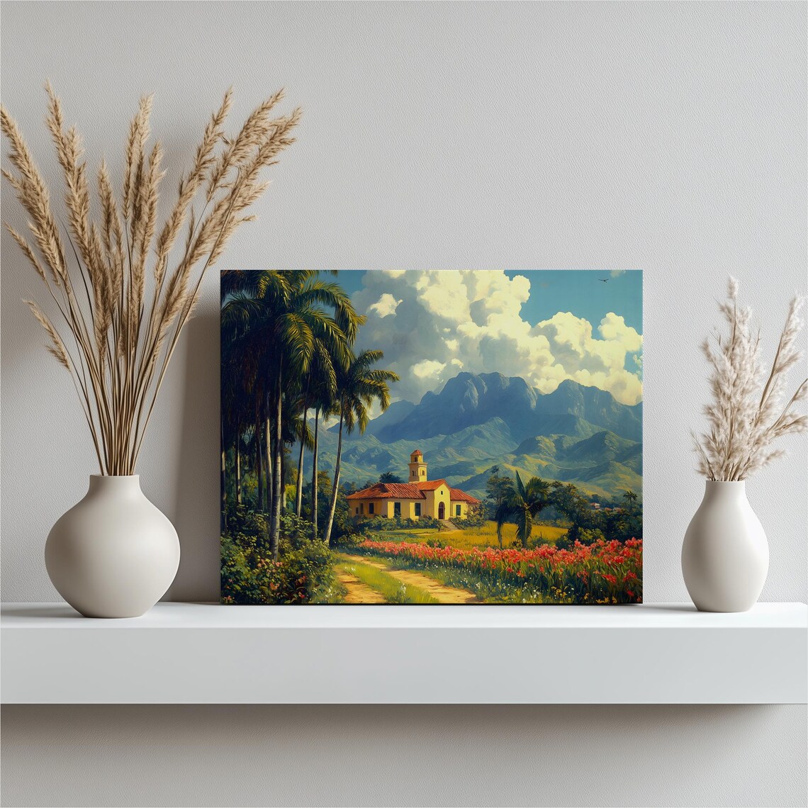 Tropical Church Palm Trees Mountain Landscape Vintage Style Poster
