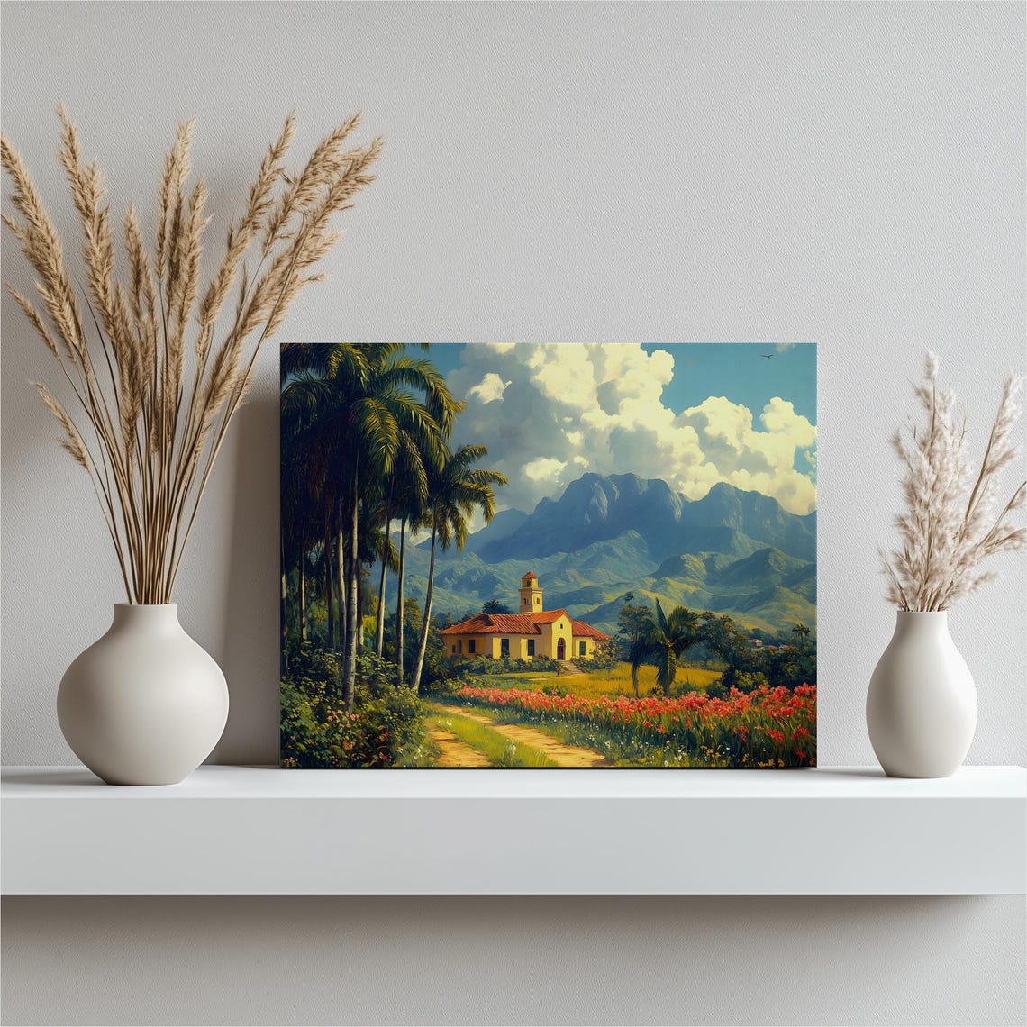 Tropical Cuban Landscape Canvas Wall Art Mountain Print Palm Tree Floral Field Sky Decor