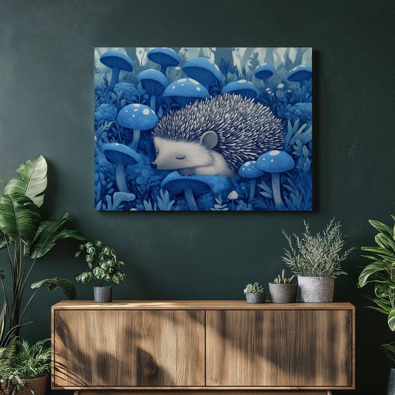 Sleeping Hedgehog Blue Mushrooms Canvas Wall Art Whimsical Forest Animal Illustration For Nursery Bedroom Decor Nature Lover Gift