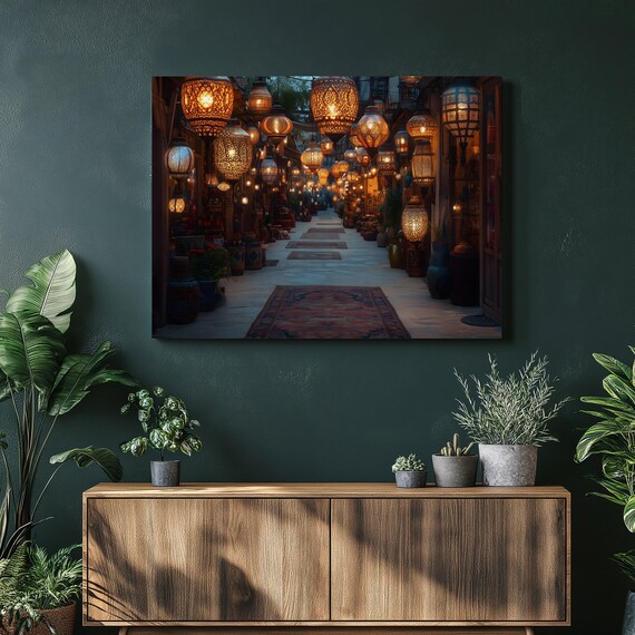 Moroccan Lantern Bazaar Glowing Night Market Alley Scene Poster