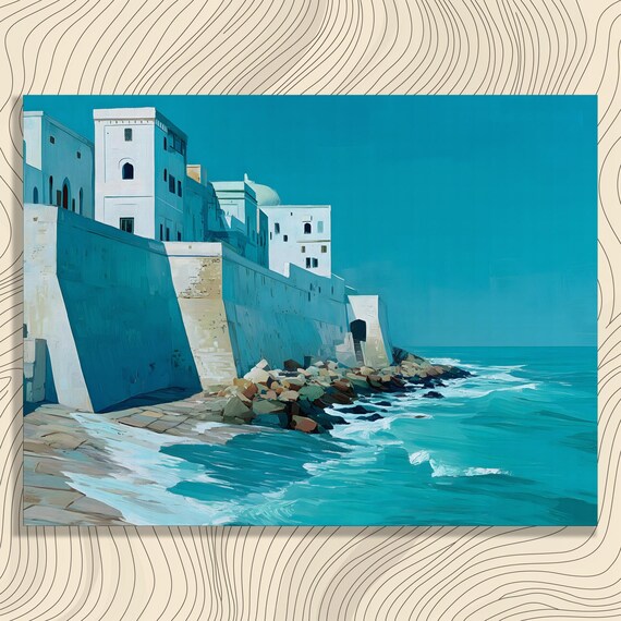 White Coastal Fortress Against Turquoise Sea Waves Art Poster