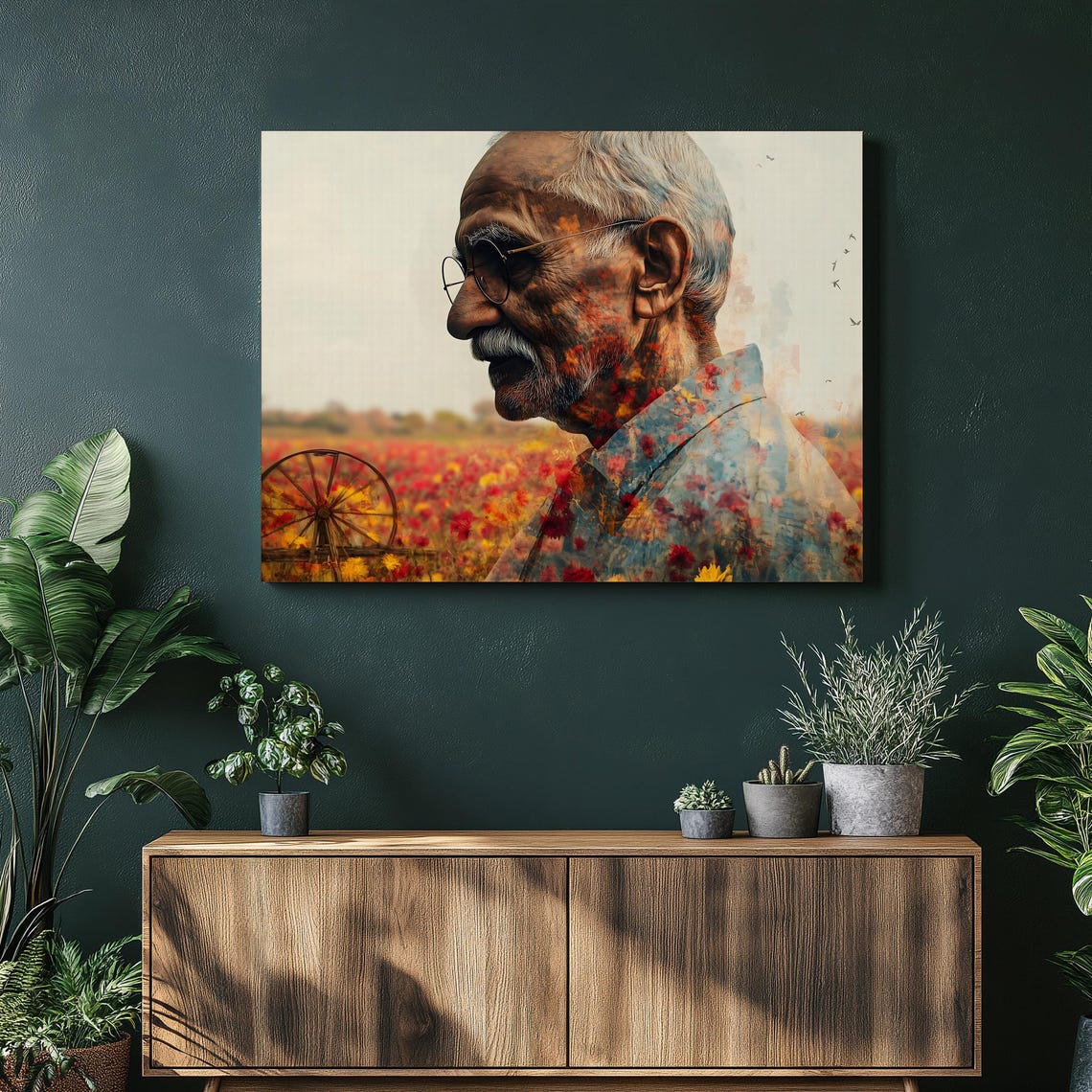 Double Exposure Elderly Man Portrait Red Flower Field Vintage Print