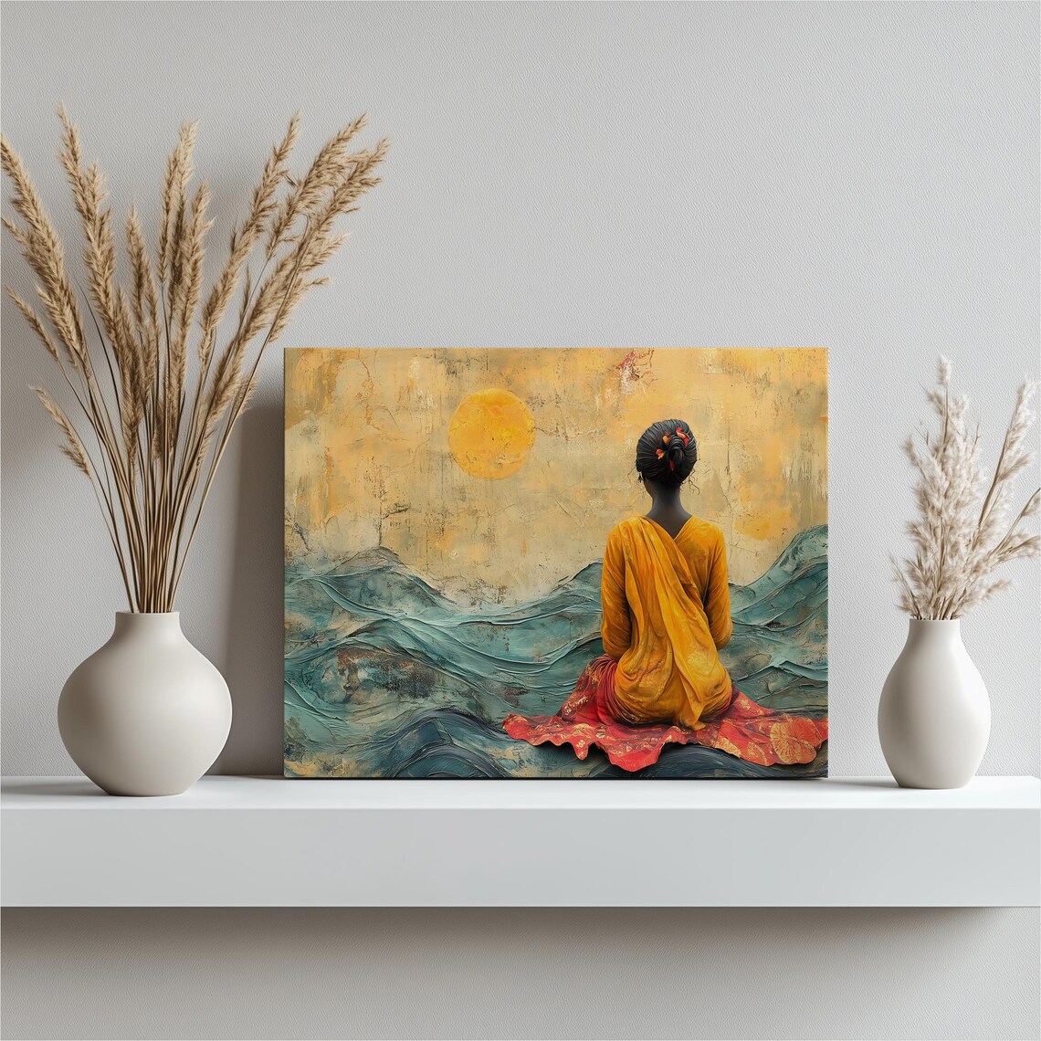 Woman Meditating by the Sea Golden Sunset Coastal Painting Print
