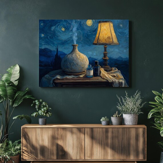 Starry Night Still Life Canvas Wall Art Impressionist Print Colorful Sky Painting Decor Vase Lamp Mountain Silhouette Gift