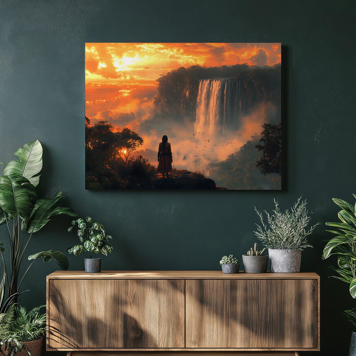 Tropical Waterfall Sunset Jungle Canyon Dramatic Canvas Wall Art