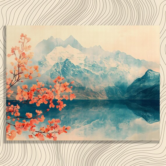 Serene Mountain Lake Blossom Branches Misty Peaks Watercolor Print