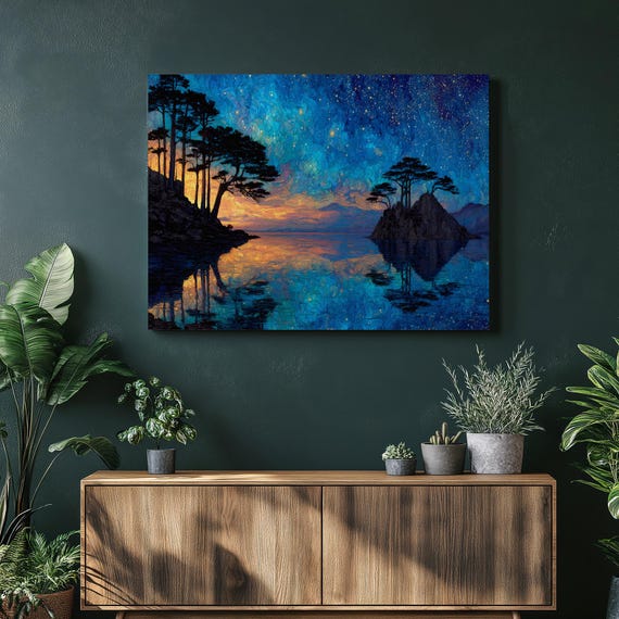 Starry Sunset Island Canvas Wall Art Blue Reflection Nature Landscape Silhouette Lake Print Home Decor Gift Vacation Memories