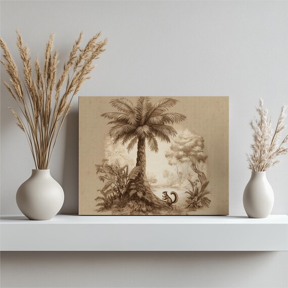 Tropical Palm Canvas Wall Art Vintage Botanical Sepia Scene With Squirrel By A Tranquil River Rainforest Foliage Exotic Plants Print