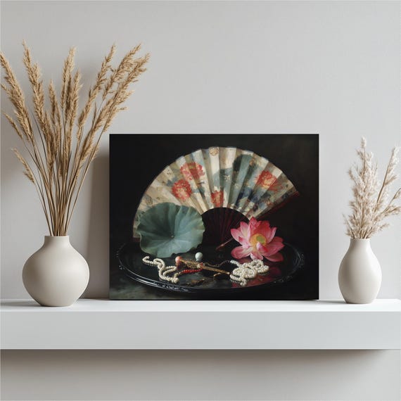 Still Life Canvas Wall Art Asian Hand Fan With Pearls Botanical Print Traditional Floral Painting Elegant Decor Gift