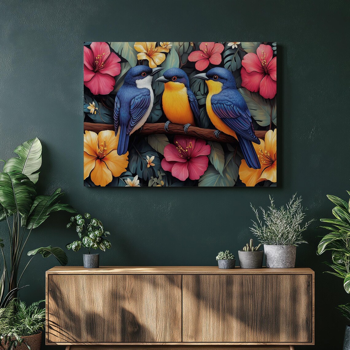 Tropical Birds Poster Three Colorful Songbirds Among Hibiscus Flowers