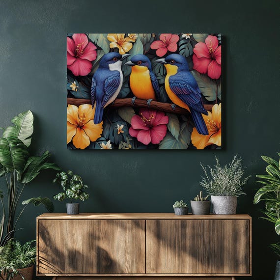 Tropical Birds Canvas Wall Art Vibrant Exotic Wildlife Illustration Print For Home Or Office Decor Unique Flower Rainforest