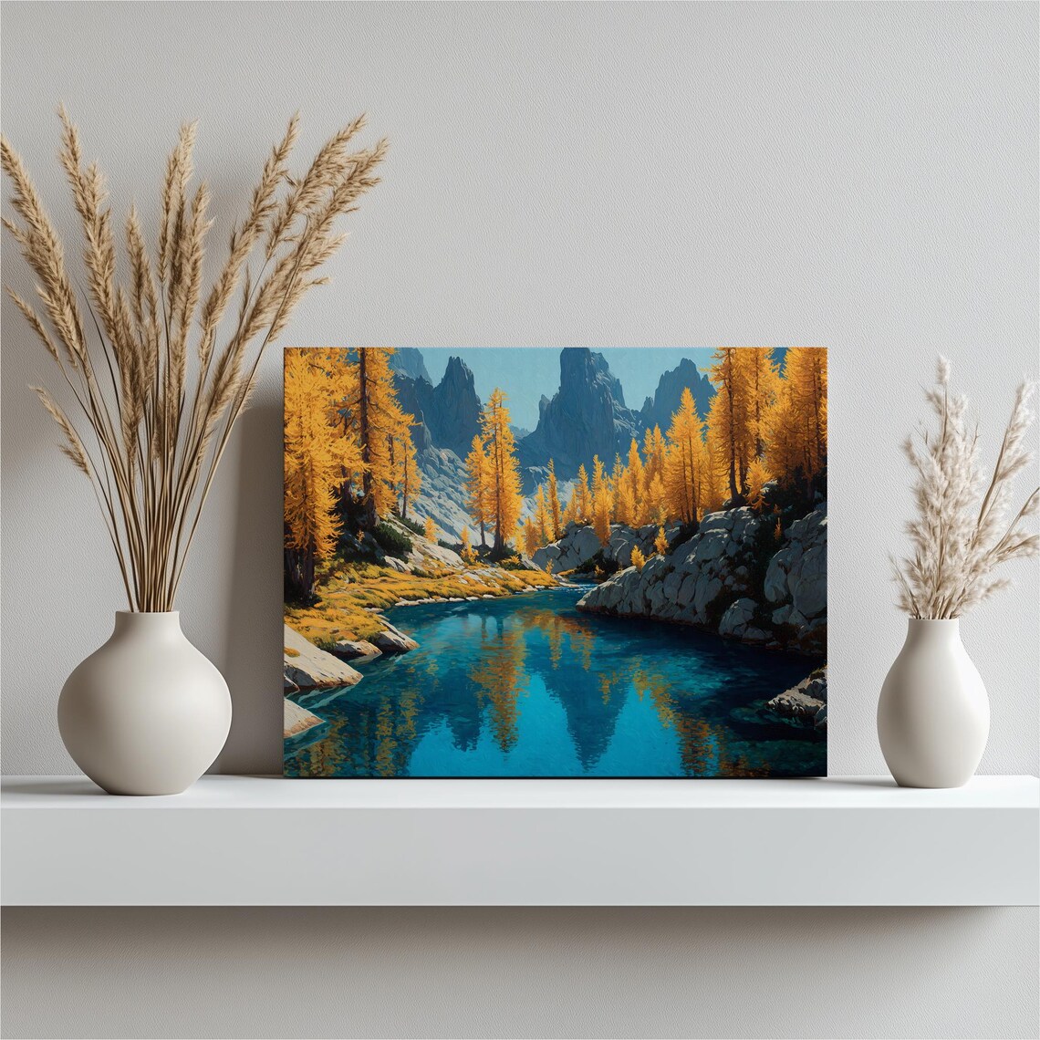 Golden Larch Trees Turquoise Alpine Lake Autumn Scene Wall Art