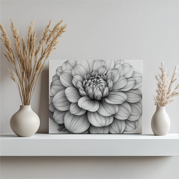 Dahlia Ink Canvas Wall Art Print Black And White Floral Painting For Modern Home Decor Elegant Botanical Gift Lovers