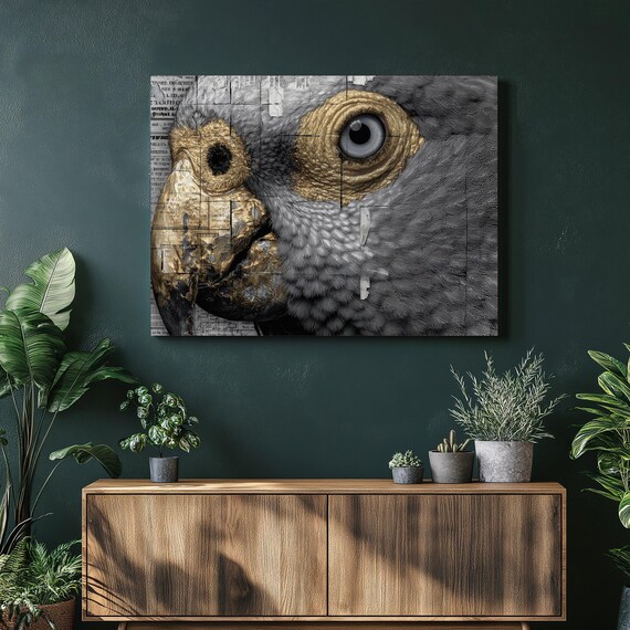 African Grey Parrot Canvas Wall Art Abstract Mixed Media Gold Accents Modern Bird Portrait Collage Print Exotic Tropical Decor