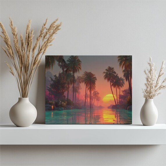 Vibrant Neon Tropical Sunset Palm Trees Lagoon Reflection Print