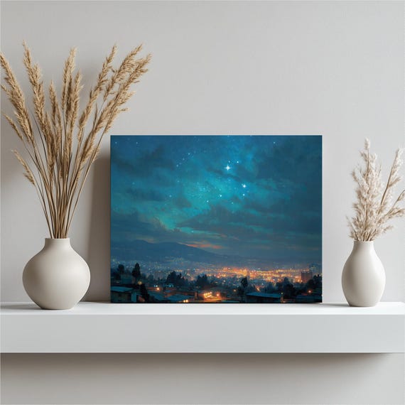 Starry Cityscape Canvas Wall Art Modern Night Skyline Print Urban Landscape Painting Blue City Lights Decor Gift For Lovers