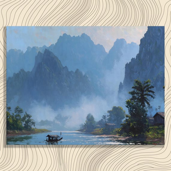 Misty Mountain River Canvas Wall Art Tropical Karst Landscape Print Palm Grove Wooden Boat Village Houses Nature Decor Blue Green