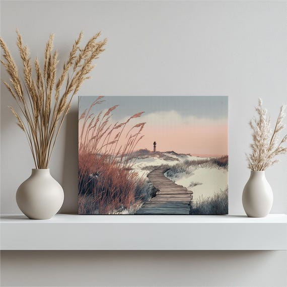 Lighthouse Coastal Boardwalk Canvas Wall Art Beach Print Ocean Horizon Sand Dunes Minimalist Seascape