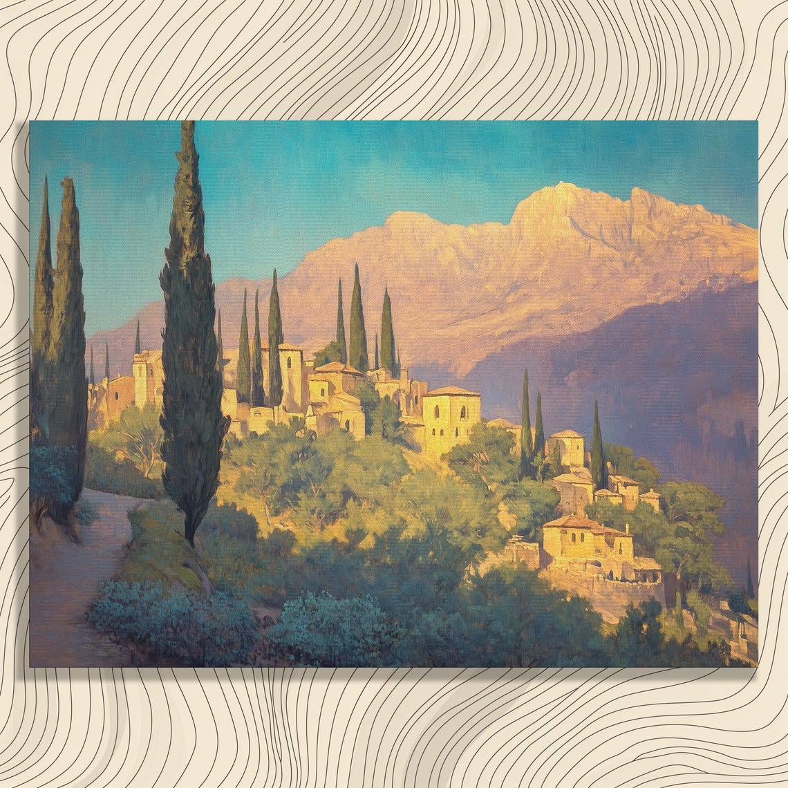 Sunlit Mediterranean Hillside Village Poster With Tall Cypress Trees