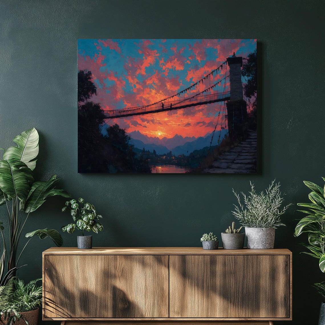Sunset Bridge Over River Valley Mountain Dusk Painting Poster