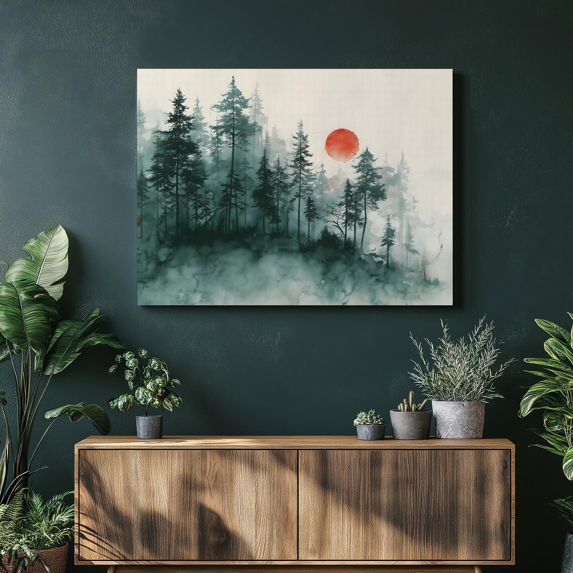 Misty Pine Forest Red Sun Minimalist Sumi Ink Wash Nature Poster