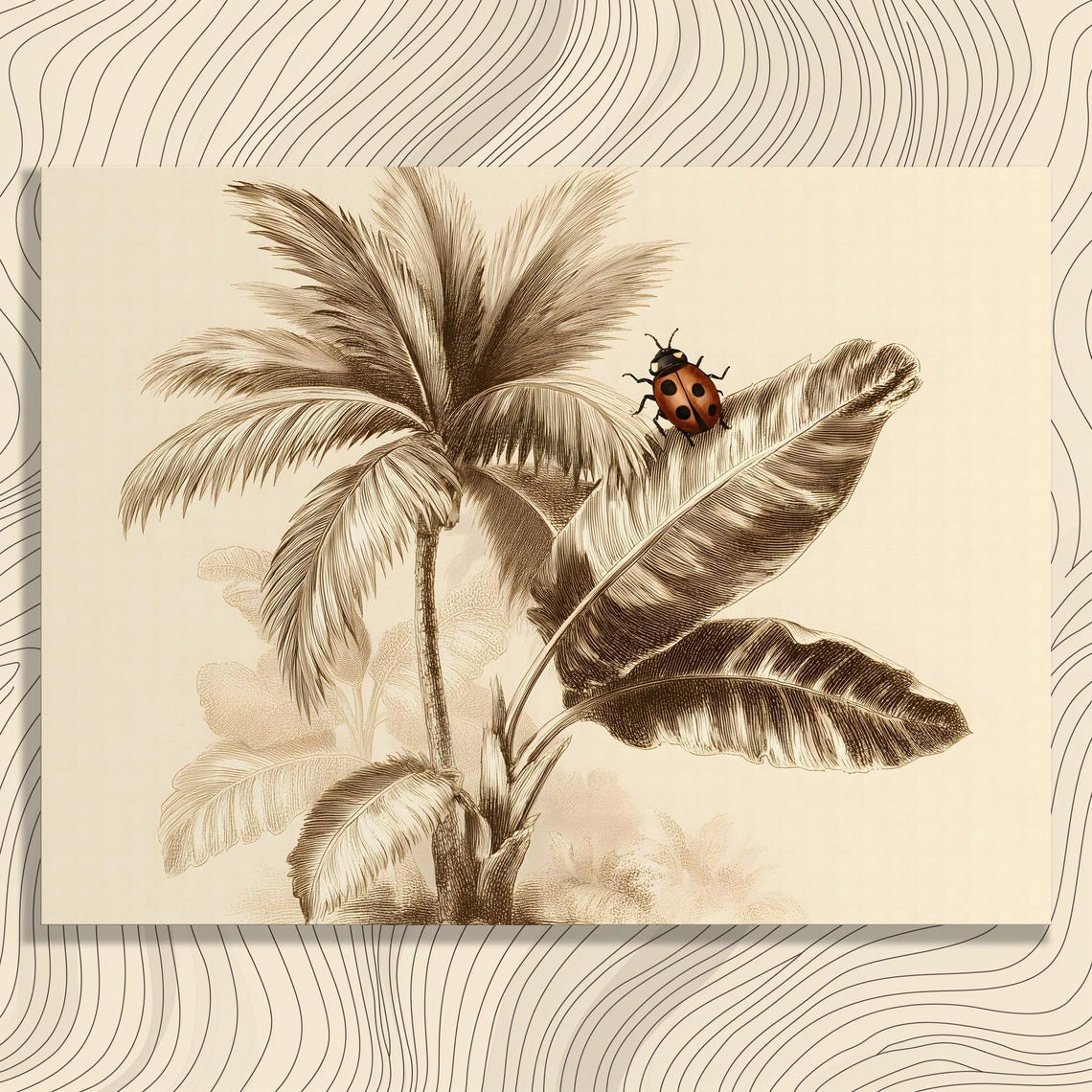 Vintage Botanical Palm Canvas Wall Art Tropical Foliage Banana Leaf Ladybug Print Rainforest Sepia Engraving Decor