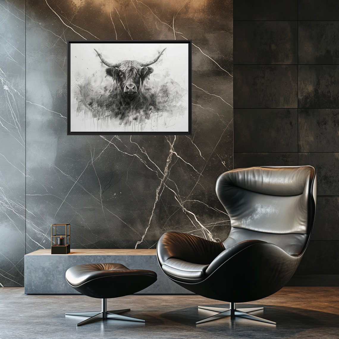 Highland Cow in Black and White Watercolor Splash Art Poster