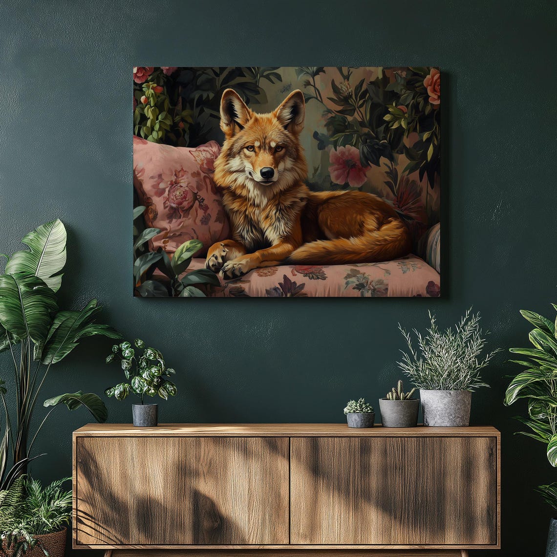 Red Fox Lounging On Pink Floral Sofa Whimsical Animal Art Poster