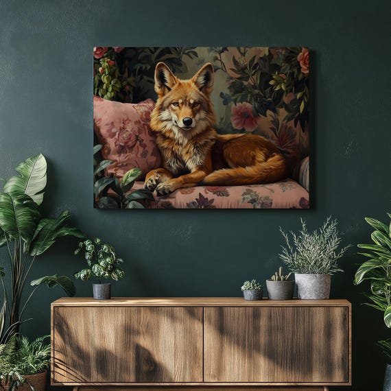 Maned Wolf Canvas Wall Art Sitting On Sofa Floral Patterns Green Plants Elegant Decor Vivid Oil Painting Detailed Home Unique