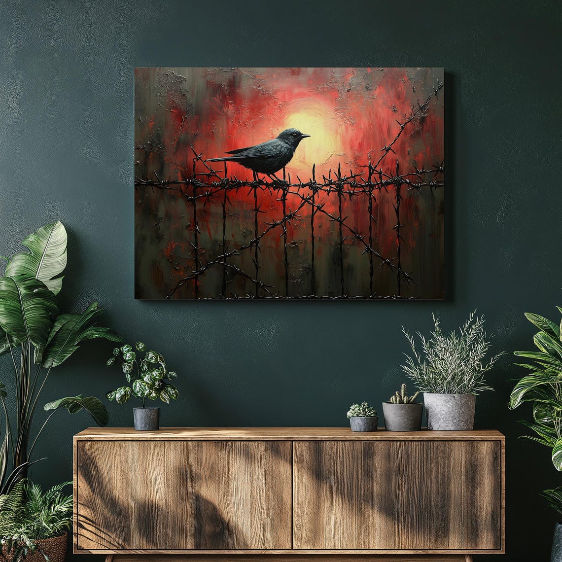 Dark Bird on Barbed Wire Dramatic Red Sunset Freedom Art Print