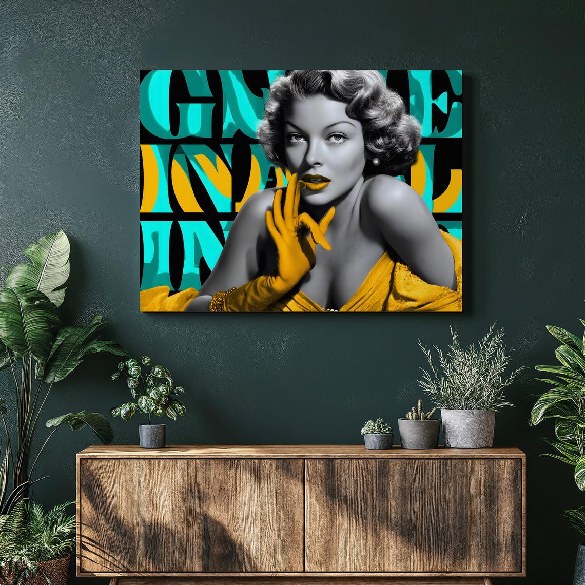 Vintage Hollywood Glamour Starlet Pop Portrait Teal Yellow Poster